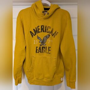 Vintage American Eagle 1977 Mustard Yellow Distressed Hoodie Medium 95% Cotton